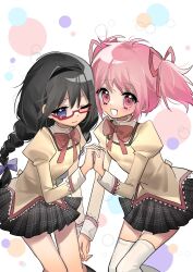 2girls akemi_homura black_hair black_hairband black_skirt black_socks bow bowtie braid collared_shirt couple cowboy_shot dianjishurumingcheng dot_nose eyelashes floating_clothes floating_hair glasses hair_bow hair_ribbon hairband high_collar highres holding_hands interlocked_fingers juliet_sleeves kaname_madoka kneehighs lace lace-trimmed_shirt lace-trimmed_sleeves lace_trim light_blush long_hair long_sleeves low_twin_braids mahou_shoujo_madoka_magica mahou_shoujo_madoka_magica_(anime) miniskirt mitakihara_school_uniform multiple_girls one_eye_closed open_mouth pink_eyes pink_hair plaid_clothes plaid_skirt pleated_skirt polka_dot polka_dot_background puffy_sleeves purple_bow purple_eyes red-framed_eyewear red_bow red_bowtie red_ribbon ribbon school_uniform shirt short_hair short_twintails skirt smile socks sparkling_eyes thighhighs twin_braids twintails very_long_hair white_background white_sleeve_cuffs white_thighhighs yellow_shirt yuri