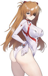 Rule 34 | 1girl, absurdres, adapted costume, alternate breast size, ass, bare legs, blue eyes, bodysuit, breasts, closed mouth, cowboy shot, evangelion: 3.0+1.0 thrice upon a time, eyepatch, hair between eyes, hair over one eye, highleg, highleg leotard, highres, interface headset, kataku musou, large breasts, leotard, long hair, looking at viewer, neon genesis evangelion, orange hair, plugsuit, rebuild of evangelion, shiny clothes, shiny skin, sidelocks, simple background, skindentation, smile, solo, souryuu asuka langley, thighs, twisted torso, two side up, very long hair, white background, white bodysuit, white leotard