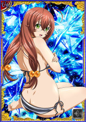 Rule 34 | 1girl, barefoot, bikini, blush, breasts, breasts squeezed together, brown hair, card (medium), curvy, embarrassed, glasses, green eyes, hair ornament, ikkitousen, large breasts, long hair, looking at viewer, looking back, official art, open mouth, ryuubi gentoku, shiny skin, side-tie bikini bottom, solo, striped bikini, striped clothes, sweat, swimsuit, very long hair, wide hips