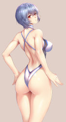Rule 34 | 1girl, alternate breast size, ass, ayanami rei, backless swimsuit, bare arms, bare shoulders, blue hair, blush, breasts, commentary request, covered erect nipples, curvy, from behind, grey background, halterneck, highleg, highleg swimsuit, huge ass, lips, looking at viewer, looking back, medium breasts, neon genesis evangelion, one-piece swimsuit, parted lips, rebuild of evangelion, red eyes, shiny skin, short hair, simple background, solo, swimsuit, thighs, white one-piece swimsuit, zucchini