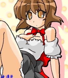 Rule 34 | 00s, 1girl, abstract background, arm support, artist request, bare shoulders, blush, bow, bowtie, breasts, brown eyes, brown hair, cleavage, dress, ichijou, knees up, leaning back, looking at viewer, lowres, pani poni dash!, panties, pantyshot, polka dot, polka dot background, red bow, short hair, simple background, sitting, sleeveless, sleeveless dress, solo, underwear, white panties