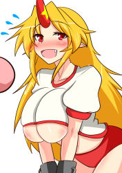 Rule 34 | 1girl, alternate costume, ball, blonde hair, blush, breasts, buruma, cuffs, fang, gym uniform, horns, hoshiguma yuugi, large breasts, long hair, looking at viewer, open mouth, playing sports, red eyes, rindou (p41neko), shackles, single horn, smile, solo, touhou, underboob, volleyball, volleyball (object)