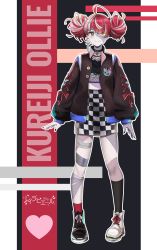 Rule 34 | 1girl, absurdres, ahoge, alternate costume, asymmetrical footwear, bandaged leg, bandages, black nails, bomber jacket, character name, checkered clothes, checkered skirt, colored skin, commentary, double bun, earrings, english commentary, fang, full body, grey hair, grey skin, hair bun, heterochromia, highres, hololive, hololive indonesia, jacket, jewelry, kureiji ollie, mismatched footwear, multicolored hair, nail polish, pink hair, rae laviere (artist), red eyes, red hair, single earring, skirt, solo, standing, stitched face, stitched leg, stitches, sword earrings, symbol-shaped pupils, virtual youtuber, yellow eyes, zombie