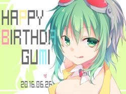 Rule 34 | 10s, 1girl, 2016, :q, bare shoulders, breasts, brooch, character name, closed mouth, colored eyelashes, covered erect nipples, dated, detached collar, eyebrows, gem, goggles, goggles on head, green eyes, green hair, gumi, happy birthday, jewelry, kuroi (liar-player), matching hair/eyes, medium breasts, red-tinted eyewear, red gemstone, short hair, silhouette, smile, solo, tinted eyewear, tongue, tongue out, upper body, vest, vocaloid, wing collar, yellow vest
