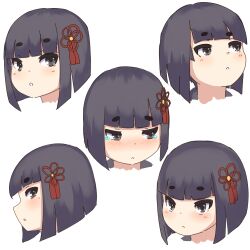 Rule 34 | 1girl, :&lt;, :o, blush, bob cut, closed mouth, expressions, flower knot, head only, highres, kuro kosyou, multiple views, nose blush, original, parted lips, profile, short eyebrows, short hair, simple background, tears, thick eyebrows, white background, zashiki-warashi