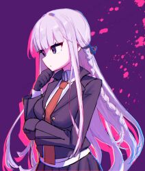 1girl :o black_gloves black_ribbon black_skirt braid collared_shirt cowboy_shot danganronpa:_trigger_happy_havoc danganronpa_(series) from_side gloves grey_hair hair_ribbon highres jacket kirigiri_kyoko long_hair miniskirt necktie nia_(nya_nanjr) open_clothes open_jacket pleated_skirt purple_background ribbon shirt skirt white_shirt