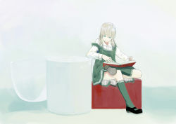 Rule 34 | 1girl, blonde hair, blue eyes, book, mary janes, open book, original, reading, shoes, sitting, smile, socks, solo