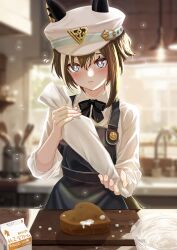 Rule 34 | 1girl, apron, blue eyes, blurry, blurry background, blush, brown hair, cake, cheval grand (umamusume), closed mouth, commentary request, food, hair between eyes, hat, highres, holding, horse girl, horse tail, kitchen, looking at viewer, medium hair, milk, otono (bkt4b), ribbon, solo, tail, umamusume