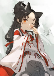 Rule 34 | 1girl, animal ears, black hair, brown eyes, cat ears, commentary request, dated, hakama, hakama skirt, high ponytail, japanese clothes, kantai collection, kariginu, long hair, looking at viewer, miko, multi-tied hair, nisshin (kancolle), one eye closed, red hakama, red ribbon, ribbon, short eyebrows, signature, skirt, solo, thick eyebrows, toka (marchlizard), very long hair