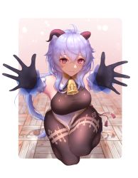 Rule 34 | 1girl, ahoge, armpits, bare shoulders, bell, black legwear, blue hair, blush, breasts, cowbell, ganyu (genshin impact), genshin impact, gloves, highres, horns, kneeling, large breasts, looking at viewer, outstretched arms, purple eyes, reaching, reaching towards viewer, smile, thighs, yukishimo