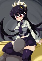 Rule 34 | 1boy, 1girl, absurdres, bald, between thighs, black hair, black necktie, black thighhighs, blush, breast pocket, breasts, brown footwear, clothes, collared shirt, extra mouth, eyebrows hidden by hair, faceless, faceless male, filia (skullgirls), grey background, head between thighs, highres, large breasts, living hair, long hair, looking at another, lucyfer, navel, necktie, open mouth, pleated skirt, plump, pocket, red eyes, samson (skullgirls), school uniform, scissorhold, sharp teeth, shirt, shoes, skindentation, skirt, skullgirls, sweat, teeth, thick thighs, thighhighs, thighs, white shirt, yellow eyes