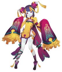 Rule 34 | 1girl, absurdres, artist request, chinese clothes, colored skin, eversoul, flat chest, full body, hat, highres, jiangshi, long sleeves, looking at viewer, nini (eversoul), official art, qingdai guanmao, simple background, sleeves past fingers, sleeves past wrists, solo, standing, tachi-e, talisman, thighhighs, transparent background, white thighhighs