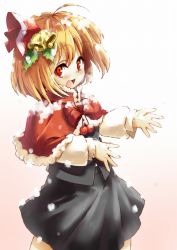 Rule 34 | 1girl, ahoge, akimegu m, bell, blonde hair, capelet, embodiment of scarlet devil, fang, female focus, gohitsuki, hair ornament, hair ribbon, md5 mismatch, red eyes, resolution mismatch, ribbon, rumia, short hair, snow, solo, source larger, touhou, winter