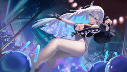 Rule 34 | 1girl, asymmetrical sleeves, black nails, blue eyes, blue hair, bodysuit, boshke, breasts, cleavage, cleavage cutout, clothing cutout, colored inner hair, crescent, crowd, ear piercing, gradient hair, grey bodysuit, grey hair, halo sweety, highres, holding, holding microphone, horns, indie virtual youtuber, large breasts, long hair, microphone, mismatched sleeves, multicolored hair, piercing, pointy ears, single horn, slime (creature), solo, stadium, virtual youtuber