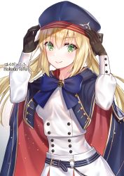 Rule 34 | 1girl, adjusting clothes, adjusting headwear, artist name, artoria caster (fate), artoria caster (second ascension) (fate), artoria pendragon (fate), blonde hair, blue bow, blue capelet, blush, bow, breasts, brown gloves, buttons, capelet, cowboy shot, double-breasted, fate/grand order, fate (series), gloves, gradient background, grey background, hakuda tofu, hand on headwear, hat, highres, long hair, long sleeves, looking at viewer, smile, solo, translation request, twintails, white background