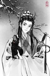 Rule 34 | 1boy, absurdres, animal, black cat, black hair, branch, cat, chinese clothes, earrings, facial mark, forehead mark, greyscale, hair ornament, hanfu, highres, holding, holding animal, holding cat, huahua w, jewelry, jiaoling ruqun, long hair, long sleeves, looking at viewer, male focus, monochrome, original, procreate (medium), solo, upper body, wide sleeves