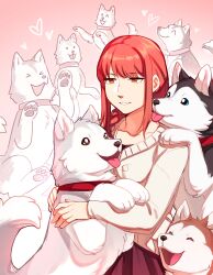 Rule 34 | &gt; &lt;, 1girl, :d, ^ ^, absurdres, chainsaw man, closed eyes, collar, collarbone, commentary, dog, dog request, frogbians, gradient background, highres, long hair, makima (chainsaw man), multiple dogs, open mouth, pawpads, red background, red collar, red hair, ringed eyes, simple background, smile, snout, solo, teeth, tongue, tongue out, too many, too many dogs, xd, yellow eyes