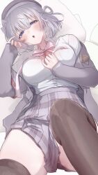 Rule 34 | 1girl, :o, absurdres, armband, bow, bow-shaped hair, breasts, brown thighhighs, choppy bangs, cleavage, collared shirt, cushion, fingernails, grey hair, grey hat, grey jacket, grey skirt, hat, hat bow, highres, indie virtual youtuber, jacket, karya, large breasts, light blush, looking at viewer, lying, naito mare (vtuber), neck ribbon, on back, open clothes, open jacket, open mouth, partially unbuttoned, pink ribbon, plaid, plaid skirt, pleated skirt, purple eyes, ribbon, shirt, shirt tucked in, short hair, skirt, sleeves past wrists, solo, thighhighs, thighs, virtual youtuber, white shirt