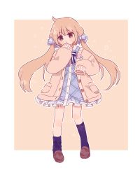 Rule 34 | 1girl, asymmetrical legwear, bad id, bad pixiv id, blue bow, blue dress, bow, brown background, brown eyes, brown footwear, brown hair, brown jacket, commentary request, dress, futaba anzu, hair bow, idolmaster, idolmaster cinderella girls, idolmaster cinderella girls starlight stage, jacket, kneehighs, loafers, long hair, long sleeves, open clothes, open jacket, plaid, plaid dress, poyo (shwjdddms249), purple socks, shoes, sleeves past fingers, sleeves past wrists, socks, solo, striped, striped bow, twintails, two-tone background, uneven legwear, very long hair, white background