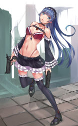 Rule 34 | 1girl, bare shoulders, black thighhighs, blue eyes, blue hair, bra, breasts, collarbone, comic, detached sleeves, frilled skirt, frills, gun, highres, holding, holding gun, holding weapon, long hair, looking at viewer, maid headdress, matching hair/eyes, nanjyolno, navel, open mouth, original, outdoors, red bra, skirt, solo, thighhighs, underwear, weapon