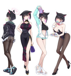 Rule 34 | absurdres, alternate costume, animal ears, ass, bare shoulders, bell, black choker, black jacket, black leotard, blue archive, bow, bowtie, breasts, brown pantyhose, buruma, cat ears, cat girl, chewing gum, china dress, chinese clothes, choker, colored inner hair, detached collar, dress, halo, high heels, highres, hood, hooded jacket, jacket, jingle bell, kazusa (blue archive), large breasts, legs, leotard, multicolored hair, multiple views, pantyhose, pink bow, pink bowtie, pink eyes, pink hair, sandals, shoes, short hair, short ponytail, side slit, sneakers, sports bra, thighband pantyhose, thighs, two-tone hair, v-shaped eyebrows, wrist cuffs, yoru0409