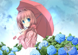 Rule 34 | 1girl, artist name, asakura otome, blue eyes, blush, brown hair, cloud, cloudy sky, commentary request, da capo, da capo ii, flower, flower request, hair between eyes, hair intakes, hair over shoulder, highres, holding, holding umbrella, hydrangea, kayura yuka, long hair, long sleeves, looking at viewer, looking to the side, red shirt, scrunchie, shirt, signature, skirt, sky, smile, solo, umbrella, white skirt