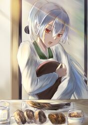 Rule 34 | 1girl, apron, blush, commentary request, cup, fate/grand order, fate (series), fish, food, hair between eyes, holding, holding plate, inugami86, japanese clothes, kappougi, long hair, looking at viewer, open mouth, plate, ponytail, red eyes, solo, sweatdrop, table, tomoe gozen (fate), very long hair, water, white hair