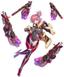 Rule 34 | blue eyes, blue hair, bodysuit, breasts, chainsaw, claws, elsie momoa, gun, heels, holding, holding weapon, jacket, large breasts, lilith-soft, mechanical arms, multicolored hair, official art, open mouth, pink hair, sharp teeth, short hair, side ponytail, taimanin (series), taimanin rpgx, teeth, weapon