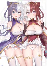 Rule 34 | 2girls, azur lane, blue eyes, bow, bow panties, grabbing another&#039;s breast, breasts, bridal gauntlets, center opening, chao ho (azur lane), china dress, chinese clothes, cleavage, cone hair bun, dress, garter belt, grabbing, hair between eyes, hair bun, hairband, highres, large breasts, light blush, long hair, looking at viewer, multiple girls, nail art, nail polish, nezumi7983, open mouth, panties, panties over garter belt, print sleeves, purple hair, purple nails, red hair, red nails, single thighhigh, smile, thighhighs, thighlet, two side up, underwear, white hair, white legwear, white panties, ying swei (azur lane)