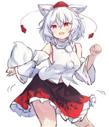 Rule 34 | 1girl, animal ears, ar (maeus), bare shoulders, black skirt, blush, breasts, detached sleeves, fang, feet out of frame, frilled skirt, frills, hair between eyes, hat, inubashiri momiji, medium breasts, open mouth, pom pom (clothes), red eyes, red hat, ribbon-trimmed sleeves, ribbon trim, short hair, simple background, skirt, smile, solo, tail, tokin hat, touhou, white background, white hair, white sleeves, wide sleeves, wolf ears, wolf tail