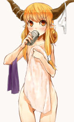 Rule 34 | 1girl, beer can, blonde hair, blush, can, covered mouth, covering privates, cowboy shot, drink can, drinking, highres, horns, ibuki suika, long hair, looking at viewer, nishiuri, nude, nude cover, orange eyes, panties, pointy ears, simple background, slit pupils, solo, touhou, towel, underwear, white background, white panties, white towel