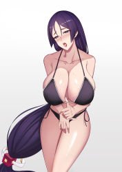 Rule 34 | 1girl, absurdres, bikini, bikini pull, black bikini, blush, breasts, clothes pull, fate/grand order, fate (series), highres, huge breasts, long hair, looking at viewer, low-tied long hair, manna (pixiv8805037), minamoto no raikou (fate), navel, purple hair, sexually suggestive, side-tie bikini bottom, simple background, solo, swimsuit, tongue, tongue out, very long hair, wet