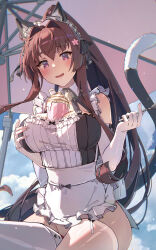 Rule 34 | 1girl, absurdres, alternate costume, animal ears, apron, between breasts, black dress, blush, breasts, brown eyes, brown hair, cat ears, cat tail, cloud, cloudy sky, day, dress, drink, elbow gloves, enmaided, flower, frilled apron, frilled dress, frills, gloves, hair between eyes, hair flower, hair ornament, highres, himeyamato, holding, holding spoon, kantai collection, large breasts, long hair, maid, maid apron, maid headdress, open mouth, outdoors, parasol, pink flower, ponytail, sky, solo, spoon, tail, thighhighs, umbrella, white apron, white gloves, white thighhighs, yamato (kancolle)