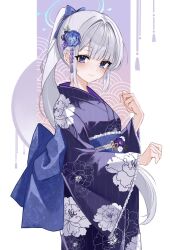 Rule 34 | 1girl, alternate costume, blue archive, blue eyes, blush, bow, closed mouth, cowboy shot, floral print, flower, hair between eyes, hair bow, hair flower, hair ornament, highres, japanese clothes, kimono, long hair, long sleeves, looking at viewer, miyako (blue archive), ponytail, sidelocks, smile, solo, white hair, wide sleeves, ya ta