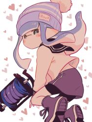 Rule 34 | 1girl, beanie, black shorts, blue eyes, blue hair, blue sailor collar, bright pupils, closed mouth, clothes lift, commentary request, from behind, hat, heart, heart background, holding, holding weapon, inkling, inkling girl, inkling player character, l-3 nozzlenose (splatoon), long hair, long sleeves, looking at viewer, looking back, midriff peek, miniskirt, nintendo, pointy ears, pom pom (clothes), pom pom beanie, purple footwear, purple hat, purple skirt, rechain, sailor collar, sailor shirt, shirt, shirt lift, shorts, shorts under skirt, simple background, skirt, solo, splatoon (series), tentacle hair, weapon, white background, white pupils, white shirt