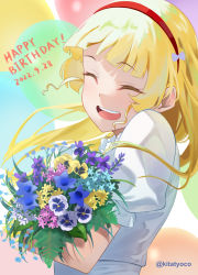Rule 34 | ^ ^, blonde hair, blunt bangs, bouquet, closed eyes, dated, flower, from side, hairband, happy birthday, heanna sumire, highres, holding, holding bouquet, kitatyoco, love live!, love live! superstar!!, open mouth, red hairband, shirt, short sleeves, smile, twitter username, upper body, white shirt