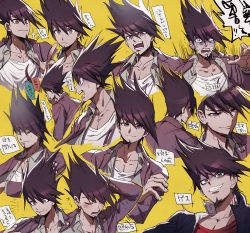 Rule 34 | aoki (fumomo), black jacket, closed eyes, collarbone, commentary request, crying, crying with eyes open, danganronpa (series), danganronpa v3: killing harmony, expressions, facial hair, goatee, grey shirt, jacket, long sleeves, looking at viewer, male focus, momota kaito, multiple views, open clothes, open shirt, pectorals, pink jacket, purple hair, red shirt, scarf, shaded face, shirt, short hair, smile, tearing up, tears, teeth, translation request, white shirt, yellow background