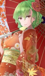 Rule 34 | 1girl, autumn leaves, between fingers, breasts, brown eyes, chrysanthemum print, commentary request, commission, eyeshadow, floral print, flower, green hair, hair between eyes, hair flower, hair ornament, half updo, hand up, holding, holding umbrella, japanese clothes, kazami yuuka, kimono, long sleeves, looking at viewer, makeup, medium breasts, obi, oil-paper umbrella, pink lips, red flower, red kimono, red rose, red umbrella, rose, sash, short hair, smile, solo, touhou, umbrella, upper body, wide sleeves, y2