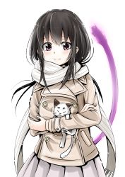Rule 34 | 10s, 1girl, black hair, buttons, cat, double-breasted, iki hiyori, jacket, long hair, looking at viewer, noragami, pink eyes, pleated skirt, scarf, simple background, skirt, smile, solo, u u (mooooooou), white background