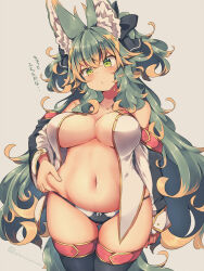 Rule 34 | 1girl, animal ear fluff, animal ears, black panties, black ribbon, black thighhighs, breasts, commentary request, curvy, detached sleeves, green eyes, green hair, hair ribbon, kuromiya, kuromiya raika, large breasts, long hair, multicolored hair, navel, open clothes, open shirt, orange hair, original, panties, ribbon, shirt, solo, thighhighs, thighs, two-tone hair, underwear, weight conscious, white shirt, wide hips
