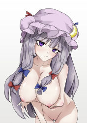 Rule 34 | 1girl, arm under breasts, bare shoulders, blunt bangs, blunt tresses, bow, breasts, completely nude, cowboy shot, crescent, crescent hat ornament, hair bow, hair ribbon, hat, hat ornament, highres, large breasts, leaning forward, long hair, looking at viewer, mob cap, navel, nude, ohkey now, patchouli knowledge, purple eyes, purple hair, pussy, ribbon, simple background, solo, touhou, tress ribbon, very long hair, white background