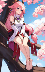 Rule 34 | 1girl, absurdres, anklet, bare legs, barefoot, blush, cherry blossoms, day, detached sleeves, feet, floating hair, full body, gem, genshin impact, grin, hair between eyes, hair ornament, highres, in tree, japanese clothes, jewelry, kimono, legs, long hair, long sleeves, low-tied long hair, outdoors, pink hair, purple eyes, purple gemstone, short kimono, sitting, sitting in tree, sleeveless, sleeveless kimono, smile, solo, spring (season), toes, tree, very long hair, white kimono, white sleeves, wide sleeves, yabu q, yae miko