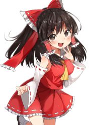 Rule 34 | 1girl, antenna hair, ascot, atage, black hair, blush, breasts, detached sleeves, female focus, hair ribbon, hair tubes, hakurei reimu, large breasts, long hair, looking at viewer, open mouth, ribbon, ribbon-trimmed skirt, ribbon-trimmed sleeves, ribbon trim, shoes, simple background, solo, touhou, white background