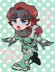 Rule 34 | 1girl, :d, absurdres, animification, apex legends, black gloves, bright pupils, brown hair, chibi, commentary request, english text, freckles, gloves, goggles, goggles on head, green background, highres, horizon (apex legends), mononobex, musical note, open hands, open mouth, running, smile, solo, spoken musical note, star (symbol), star print, white pupils