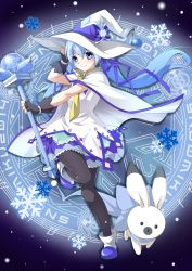 Rule 34 | 1girl, beamed quavers, black pantyhose, blue eyes, blue hair, cape, ello, fingerless gloves, full body, gloves, hat, hatsune miku, highres, long hair, magic circle, magical girl, matching hair/eyes, musical note, pantyhose, rabbit, skirt, snowflakes, solo, staff (music), twintails, vocaloid, wand, witch hat, yuki miku, yukine (vocaloid)