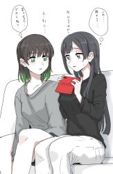 Rule 34 | 2girls, black hair, black shirt, blue shorts, blush, breasts, cellphone, closed mouth, collarbone, commentary, gradient hair, green eyes, green hair, grey eyes, grey shirt, hair down, highres, holding, holding phone, long hair, long sleeves, looking down, love live!, love live! nijigasaki high school idol club, majime na gakuinsei, medium breasts, multicolored hair, multiple girls, pants, parted lips, phone, shirt, short hair, shorts, sidelocks, sitting, smartphone, sweat, symbol-only commentary, takasaki yu, thought bubble, translation request, upper body, white background, white pants, yuki setsuna (love live!)