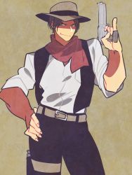 Rule 34 | 1boy, bad id, bad pixiv id, cowboy, cowboy hat, cowboy western, gun, hand on own hip, handgun, hat, highres, hohehohe, holster, kusanagi kyou, male focus, pinky out, pistol, revolver, scarf, snk, solo, the king of fighters, thigh holster, vest, weapon, western