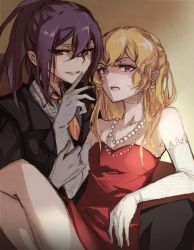 Rule 34 | 2girls, alice (bzone4), bang dream!, bare shoulders, blonde hair, crossed legs, dress, elbow gloves, formal, gloves, half-closed eyes, half updo, highres, jewelry, long hair, looking at viewer, multiple girls, necklace, necktie, open mouth, pearl necklace, ponytail, purple eyes, purple hair, red dress, red eyes, seta kaoru, shirasagi chisato, sitting, sitting on lap, sitting on person, suit, white gloves, yuri