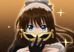 Rule 34 | 1girl, absurdres, aqua eyes, artist name, artist request, back bow, bare shoulders, black dress, black gloves, blue eyes, blush, bow, breasts, brown hair, buttons, choker, collarbone, dress, drop earrings, earrings, female focus, gloves, grey bow, hair between eyes, hair bow, high ponytail, highres, holding, holding mask, jewelry, lace, lace gloves, long hair, looking at viewer, love live!, love live! nijigasaki high school idol club, love live! school idol festival, mask, multicolored clothes, necklace, off-shoulder dress, off shoulder, osaka shizuku, parted lips, ponytail, sidelocks, sleeveless, sleeveless dress, smile, solitude rain (love live!), solo, sparkle, two-tone dress, upper body, v-shaped eyebrows, white bow, white dress