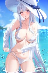 Rule 34 | 1girl, bikini, blue archive, blush, breasts, collarbone, grin, halo, hat, highres, large breasts, long hair, long sleeves, looking at viewer, mutenka (plfgb), navel, noa (blue archive), open clothes, open shirt, partially submerged, purple eyes, shirt, shirt on shoulders, sidelocks, smile, solo, sun hat, swimsuit, very long hair, wading, white bikini, white hair, white hat, white shirt